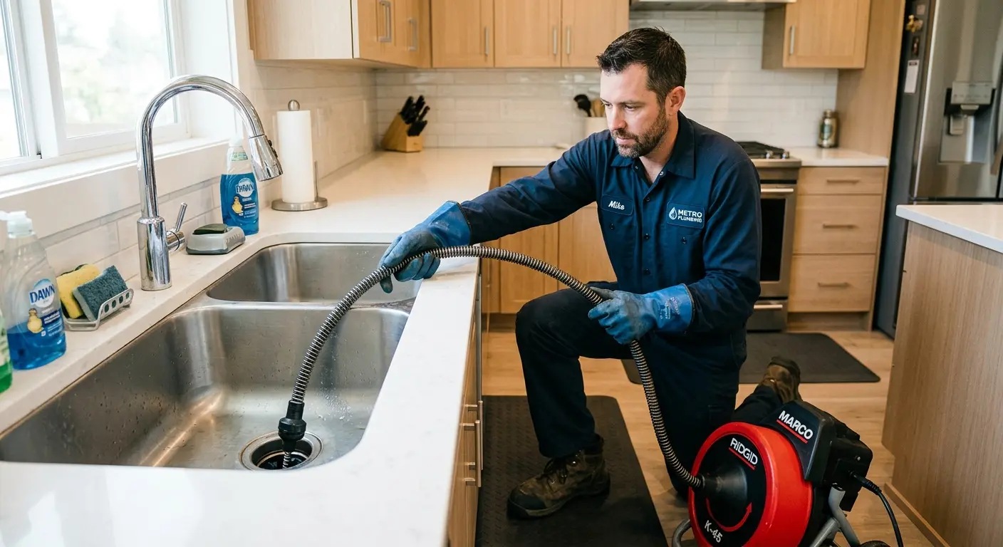 Drain cleaning technician using a motorized snake on a kitchen sink in Washington Terrace