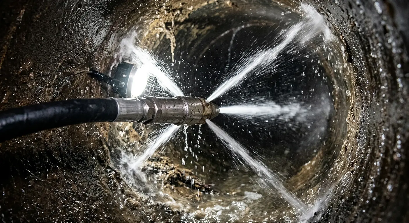 High-pressure hydro jetting nozzle cleaning sewer pipe for Emergency Drain Service in Washington Terrace