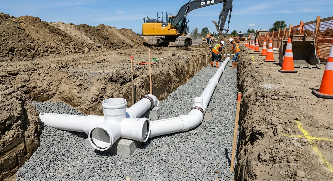 New PVC sewer pipe installation in open trench for Commercial Drain Cleaning in Washington Terrace