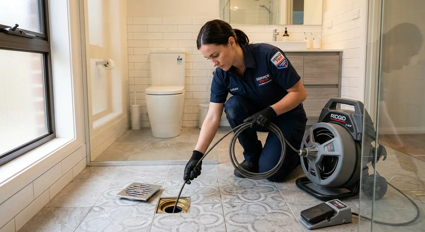 Technician clearing a bathroom floor drain for Clogged Drain Repair in Washington Terrace